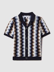 Reiss Blue Multi Waves Senior Knitted Cuban Collar Shirt - Image 2 of 6