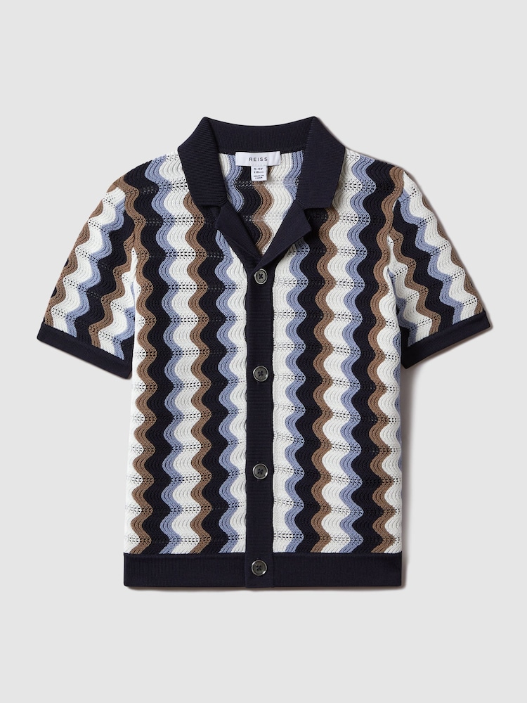 Reiss Blue Multi Waves Senior Knitted Cuban Collar Shirt - Image 2 of 6