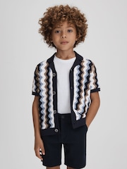 Reiss Blue Multi Waves Senior Knitted Cuban Collar Shirt - Image 3 of 6