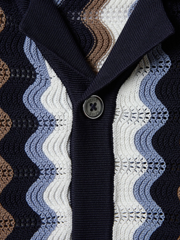 Reiss Blue Multi Waves Senior Knitted Cuban Collar Shirt - Image 6 of 6
