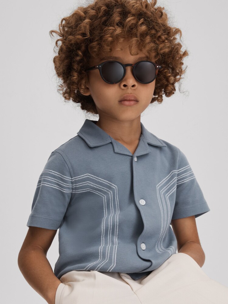 Reiss Airforce Blue Arlington 9-13 yrs Cotton Embroidered Cuban Collar Shirt - Image 1 of 4