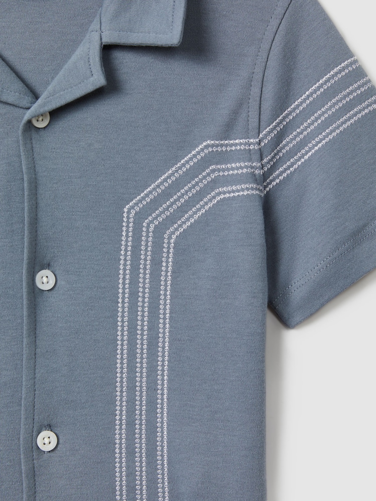 Reiss Airforce Blue Arlington 9-13 yrs Cotton Embroidered Cuban Collar Shirt - Image 4 of 4