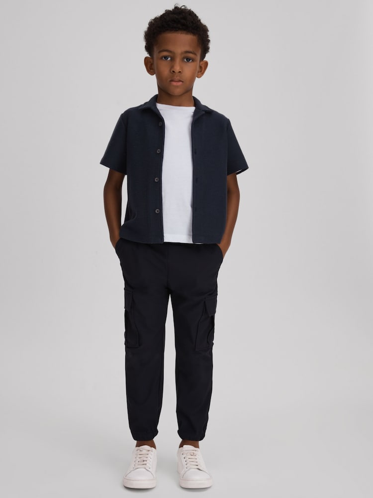 Reiss Navy Gerrard 3-9 yrs Textured Cotton Cuban Collar Shirt - Image 1 of 4