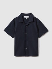 Reiss Navy Gerrard 3-9 yrs Textured Cotton Cuban Collar Shirt - Image 2 of 4