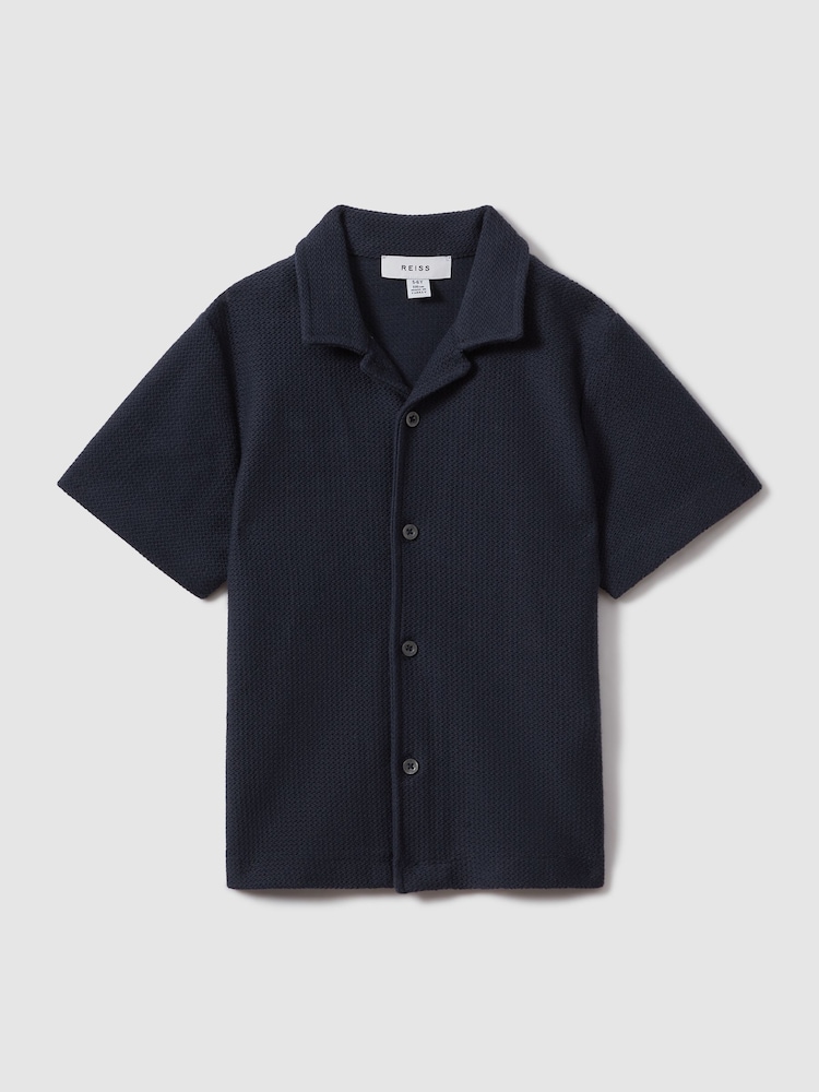 Reiss Navy Gerrard 3-9 yrs Textured Cotton Cuban Collar Shirt - Image 2 of 4