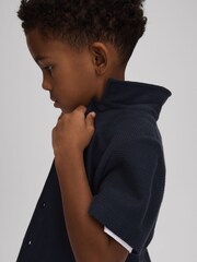 Reiss Navy Gerrard 3-9 yrs Textured Cotton Cuban Collar Shirt - Image 3 of 4