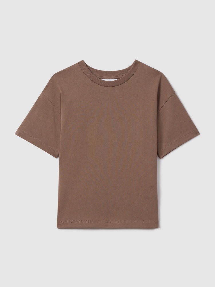 Reiss Mocha Selby Senior Oversized Cotton Crew Neck T-Shirt - Image 1 of 3