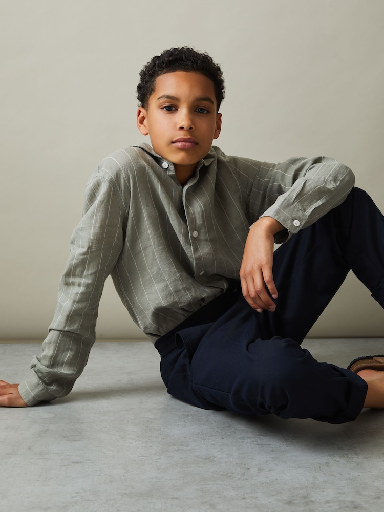 Reiss Sage Stripe Ruban Striped Linen Cutaway Collar Shirt - Image 1 of 4