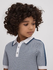 Reiss Blue Brunswick Senior Geometric Design Knitted Polo Shirt - Image 1 of 4