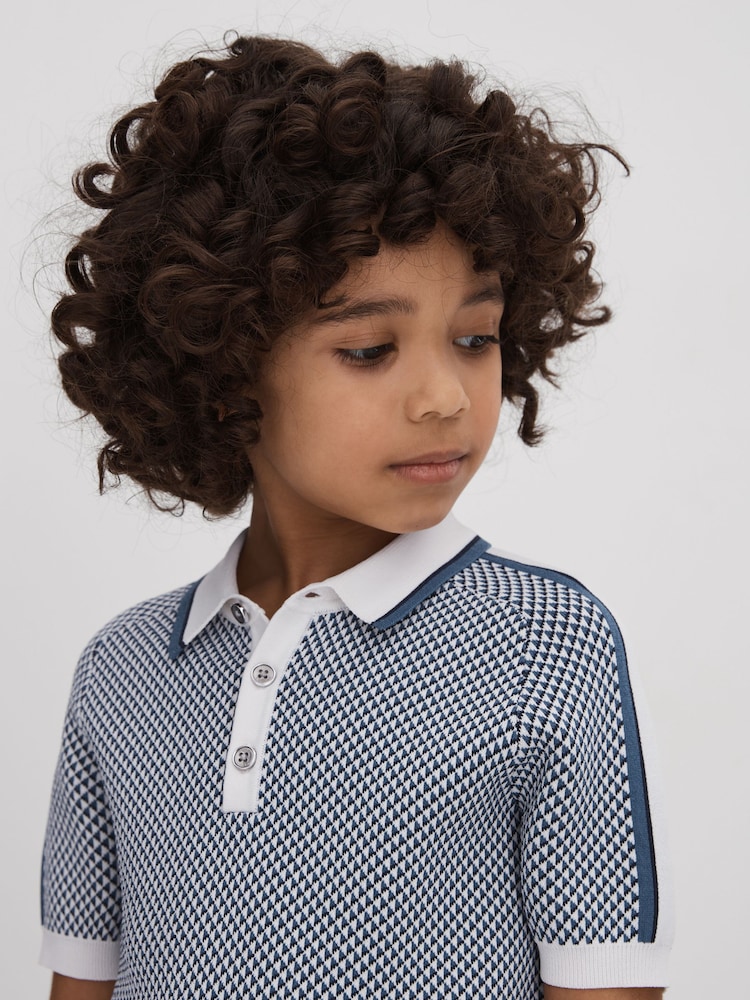 Reiss Blue Brunswick Senior Geometric Design Knitted Polo Shirt - Image 1 of 4