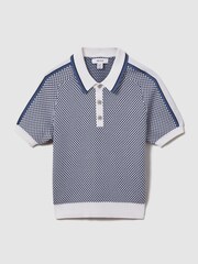 Reiss Blue Brunswick Senior Geometric Design Knitted Polo Shirt - Image 2 of 4