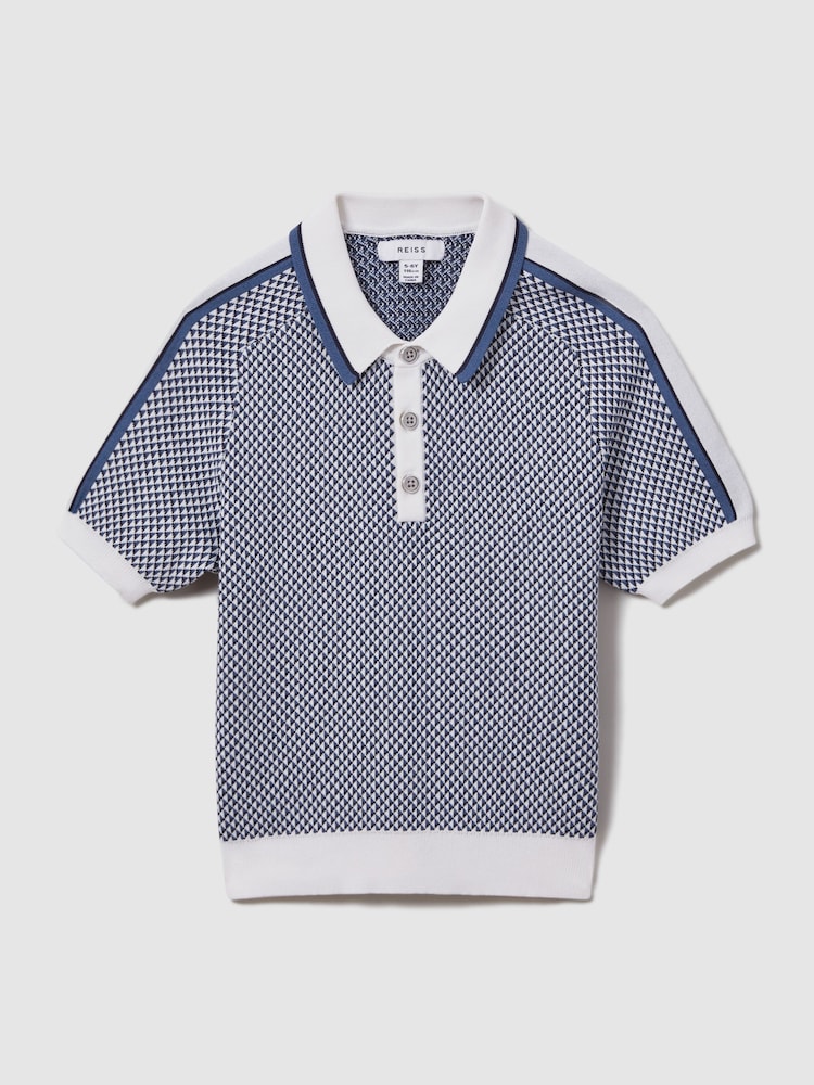 Reiss Blue Brunswick Senior Geometric Design Knitted Polo Shirt - Image 2 of 4