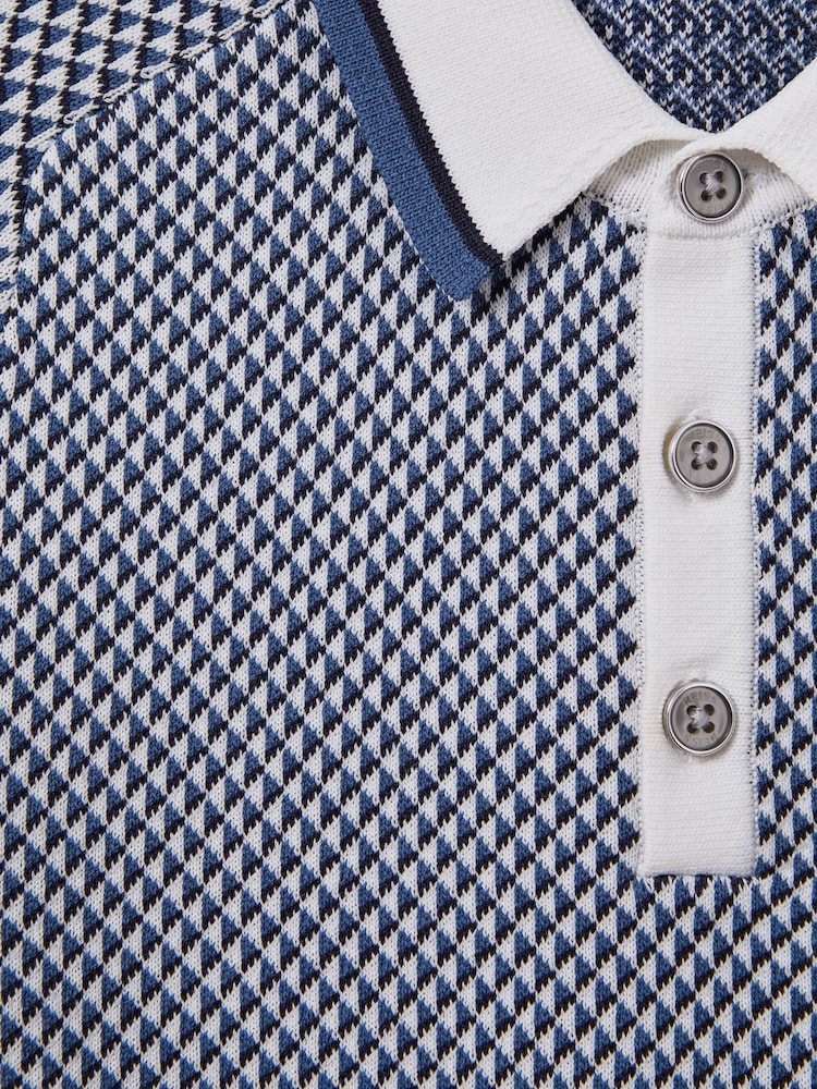 Reiss Blue Brunswick Senior Geometric Design Knitted Polo Shirt - Image 4 of 4