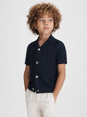 Reiss Navy Fortune Senior Cable Knit Cuban Collar Shirt - Image 1 of 6