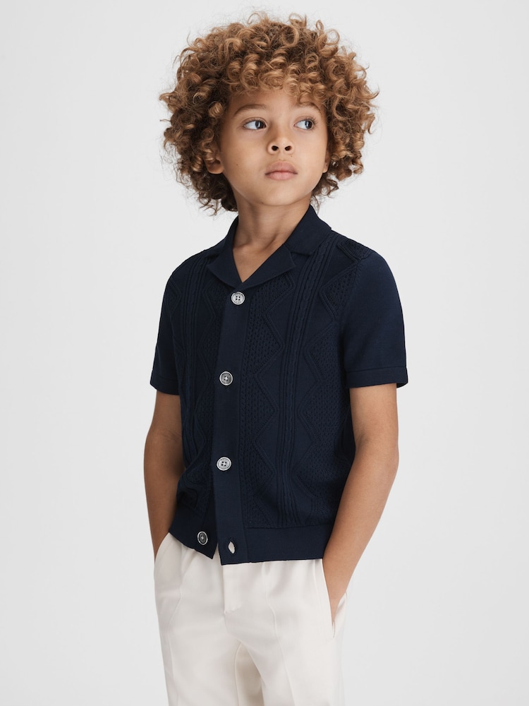 Reiss Navy Fortune Senior Cable Knit Cuban Collar Shirt - Image 1 of 6