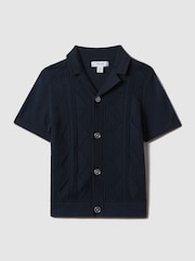 Reiss Navy Fortune Senior Cable Knit Cuban Collar Shirt - Image 2 of 6