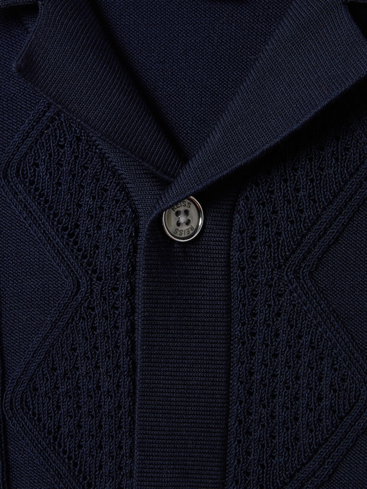Reiss Navy Fortune Senior Cable Knit Cuban Collar Shirt - Image 6 of 6