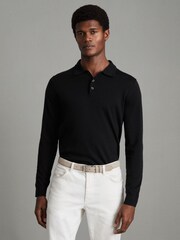 Reiss Black Trafford Merino Wool Polo Shirt - Image 1 of 7