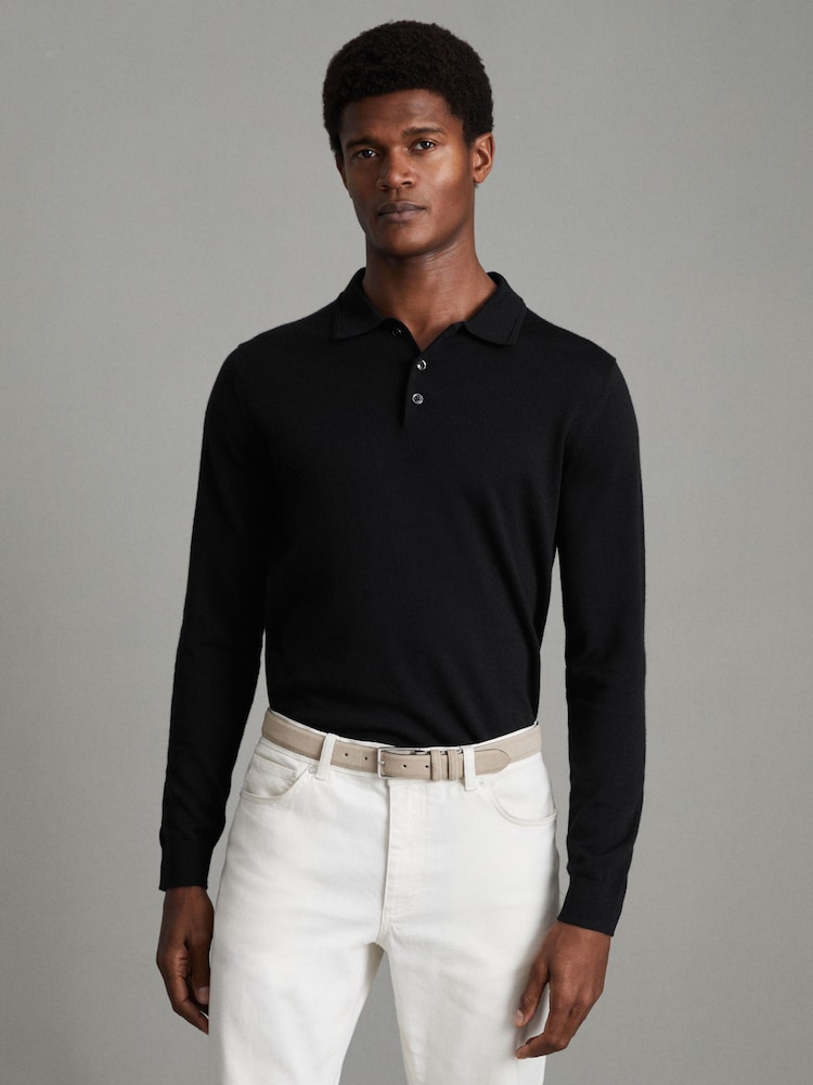 Reiss Black Trafford Merino Wool Polo Shirt - Image 1 of 7