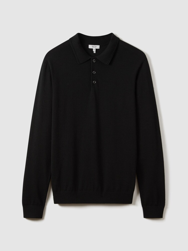 Reiss Black Trafford Merino Wool Polo Shirt - Image 2 of 7