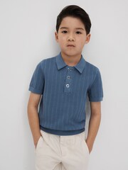 Reiss Cornflower Blue Pascoe 9-13 yrs Textured Modal Blend Polo Shirt - Image 3 of 6