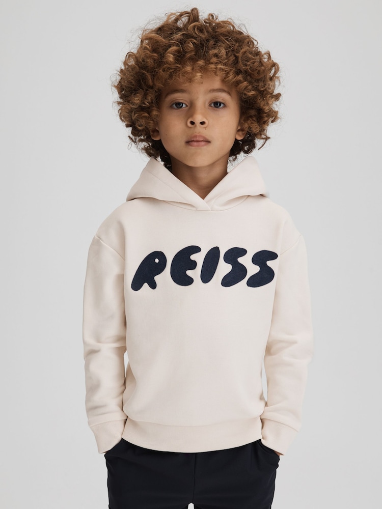 Reiss Ecru Adel Junior Oversized Cotton Motif Hoodie - Image 1 of 6