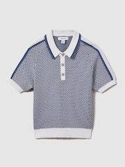 Reiss Blue Brunswick Teen Geometric Design Knitted Polo Shirt - Image 1 of 4