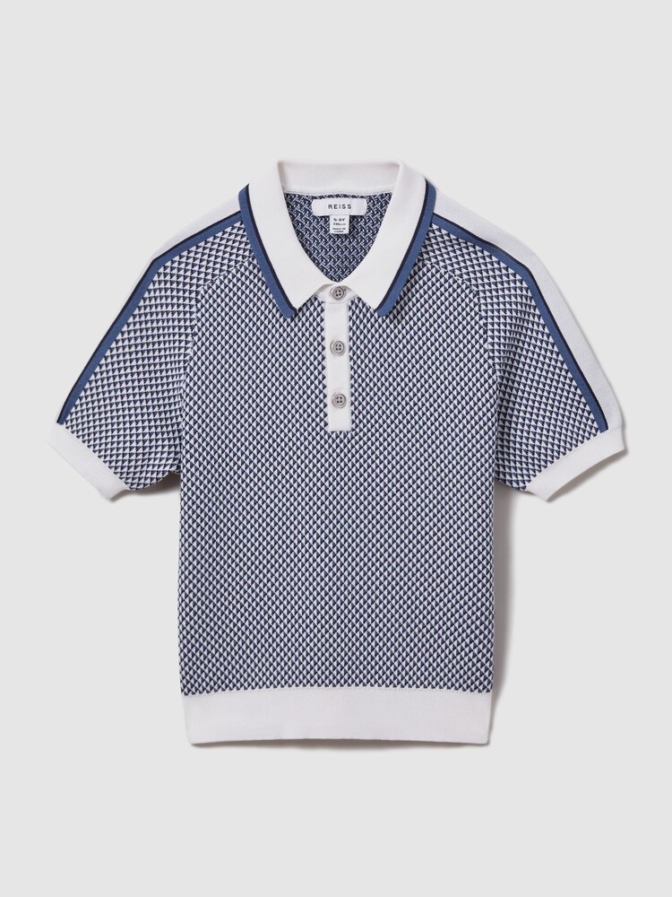 Reiss Blue Brunswick Teen Geometric Design Knitted Polo Shirt - Image 1 of 4