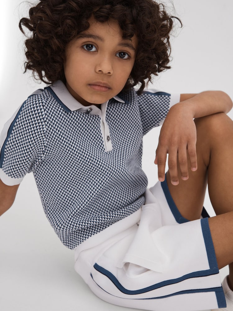 Reiss Blue Brunswick Teen Geometric Design Knitted Polo Shirt - Image 2 of 4