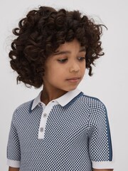 Reiss Blue Brunswick Teen Geometric Design Knitted Polo Shirt - Image 3 of 4