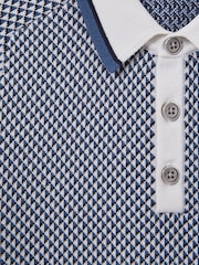Reiss Blue Brunswick Teen Geometric Design Knitted Polo Shirt - Image 4 of 4