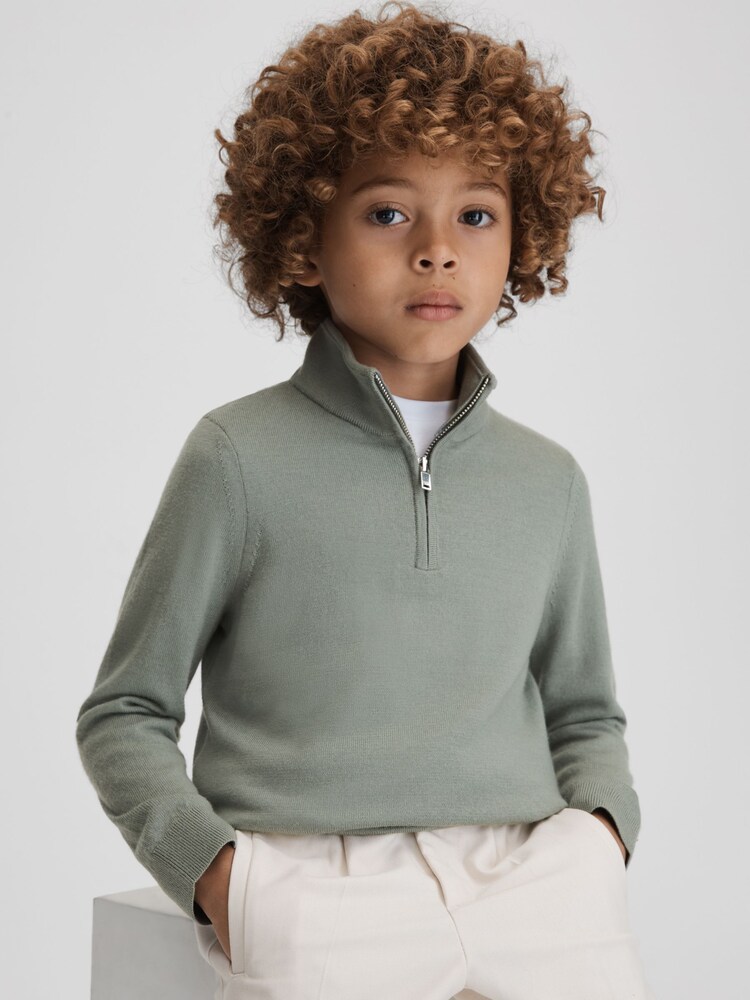 Reiss Pistachio Blackhall 9-13 yrs Wool Half-Zip Funnel Neck Jumper - Image 1 of 6