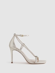 Reiss Gold Paige Leather Plaited Strappy Heeled Sandals - Image 1 of 5