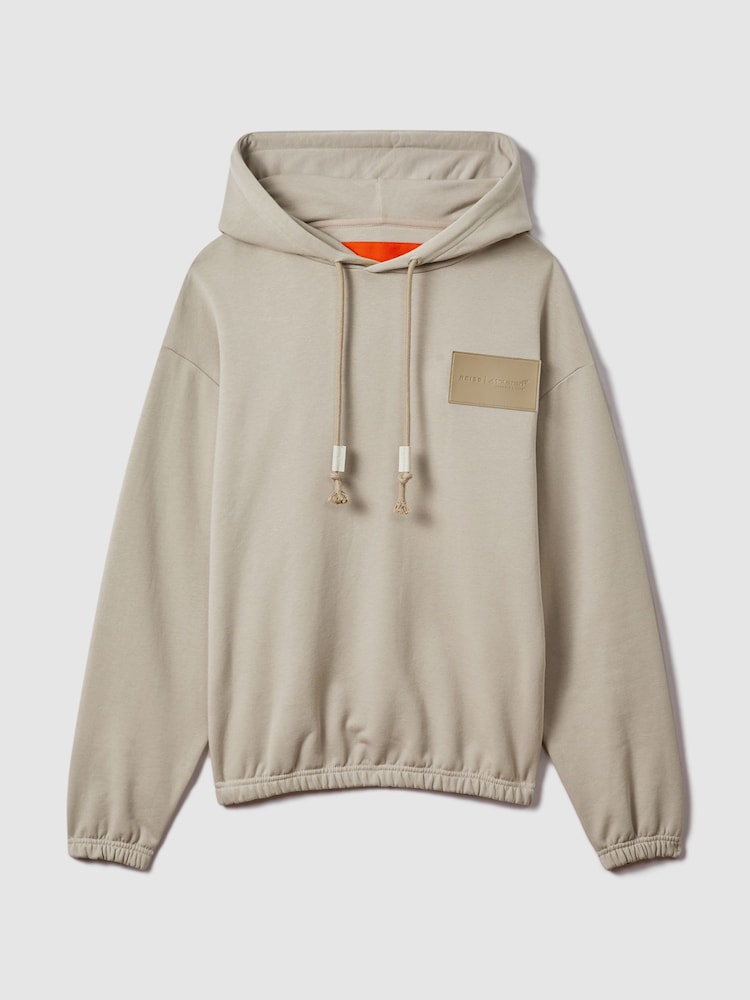 Reiss x McLaren F1 Team Taupe McLaren F1 Leather Patch Drawstring Hoodie - Image 2 of 10