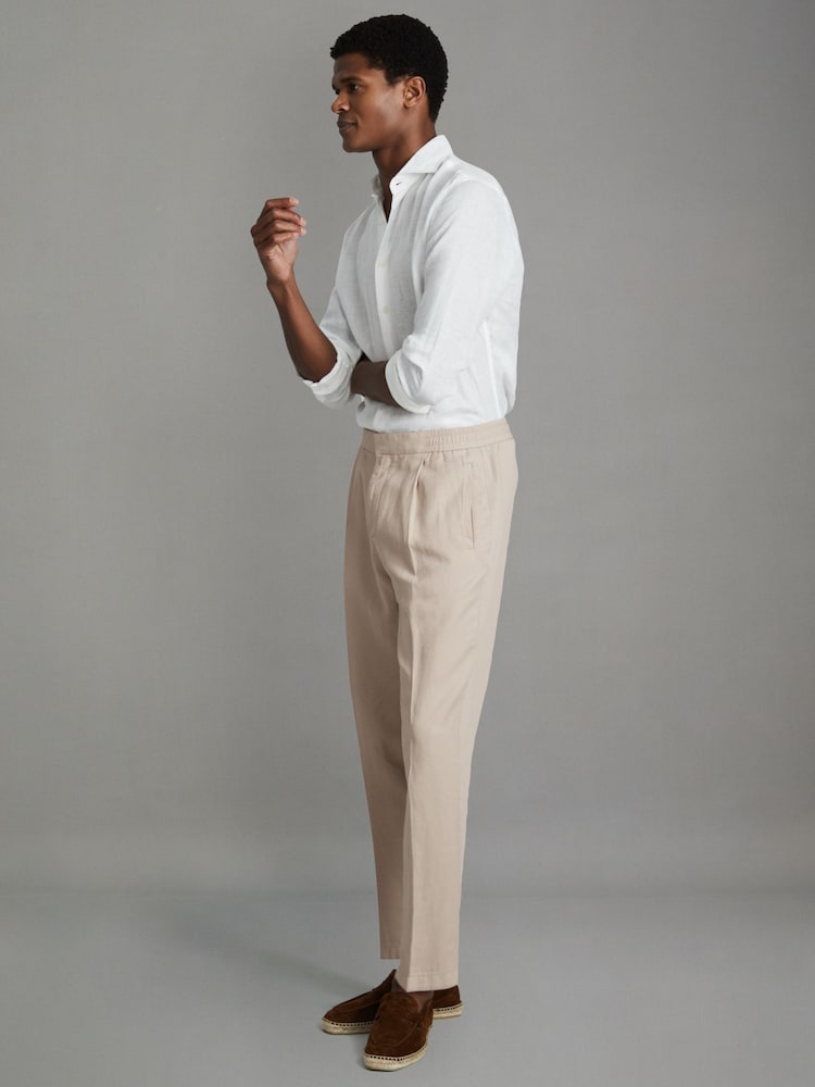 Reiss Stone Pact Relaxed Cotton/Linen Blend Elasticated Waist Trousers - Image 1 of 7