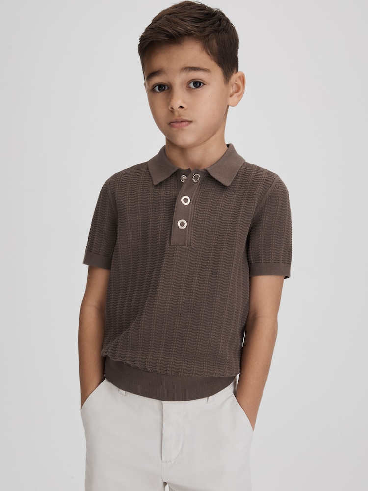 Reiss Pecan Brown Pascoe 9-13 yrs Textured Modal Blend Polo Shirt - Image 1 of 7