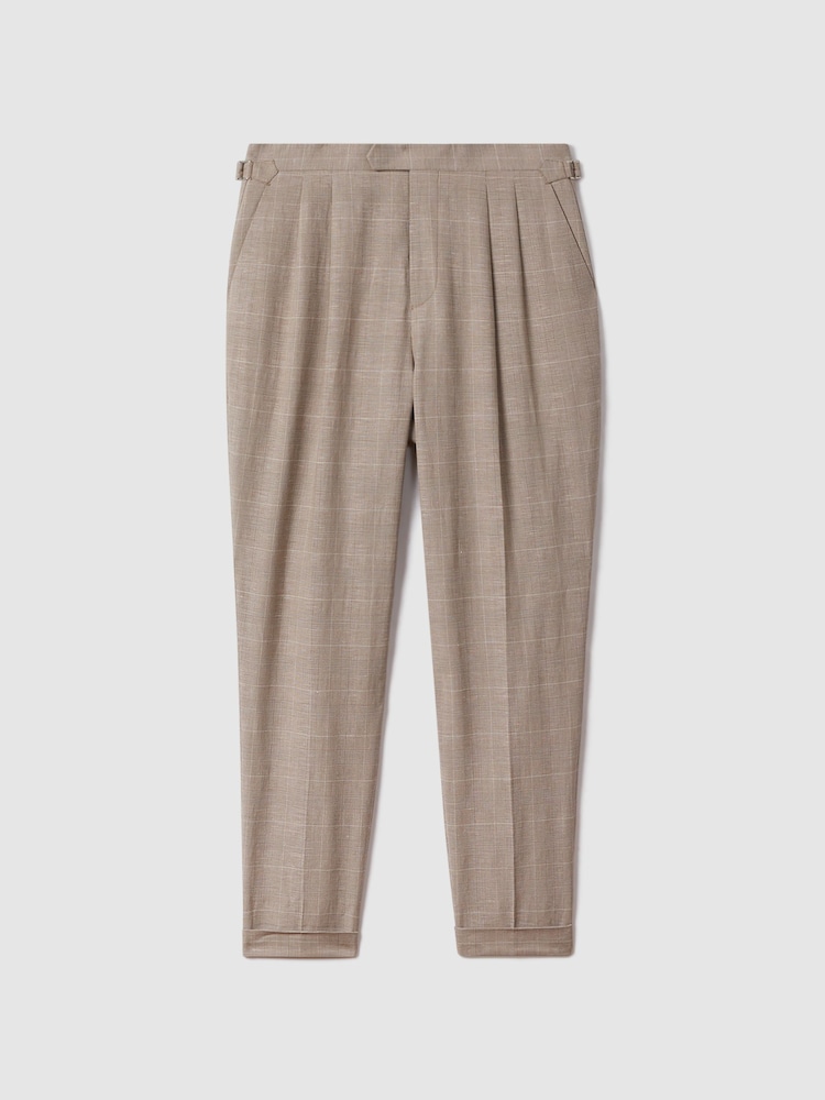Reiss Oatmeal Collect Slim Fit Check Adjuster Trousers with Turn-Ups - Image 2 of 6