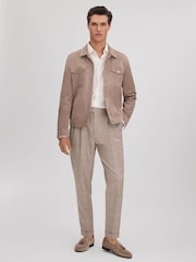 Reiss Oatmeal Collect Slim Fit Check Adjuster Trousers with Turn-Ups - Image 3 of 6