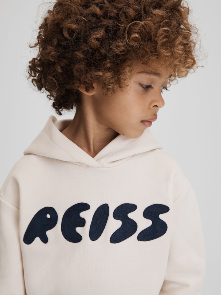 Reiss Ecru Adel Senior Oversized Cotton Motif Hoodie - Image 1 of 6