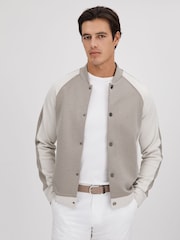 Reiss Taupe/White Pelham Colourblock Jersey Bomber Jacket - Image 1 of 6
