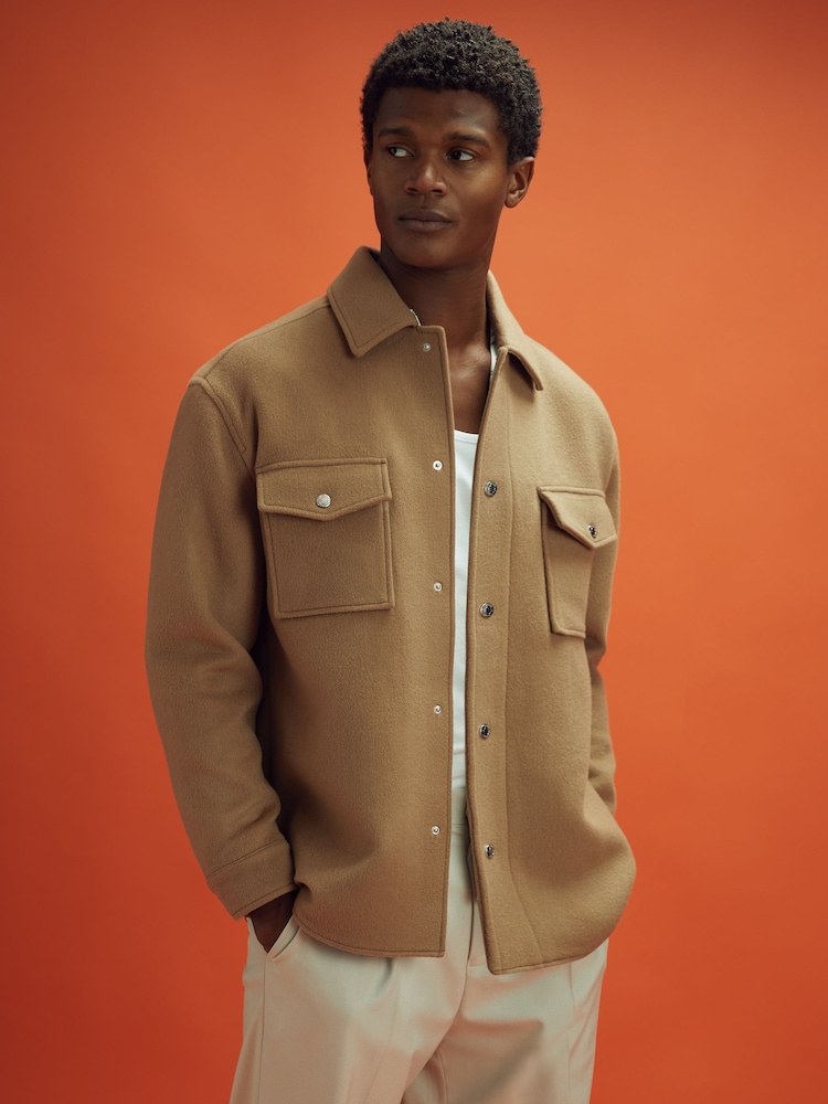Reiss x McLaren F1 Team Camel McLaren F1 Wool Blend Twin Pocket Overshirt - Image 1 of 8 Reiss x McLaren F1 Team Camel McLaren F1 Wool Blend Twin Pocket Overshirt - Image 1 of 8