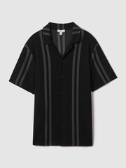 Reiss Black/Steel Grey Castle Ribbed Striped Cuban Collar Shirt - Image 2 of 6