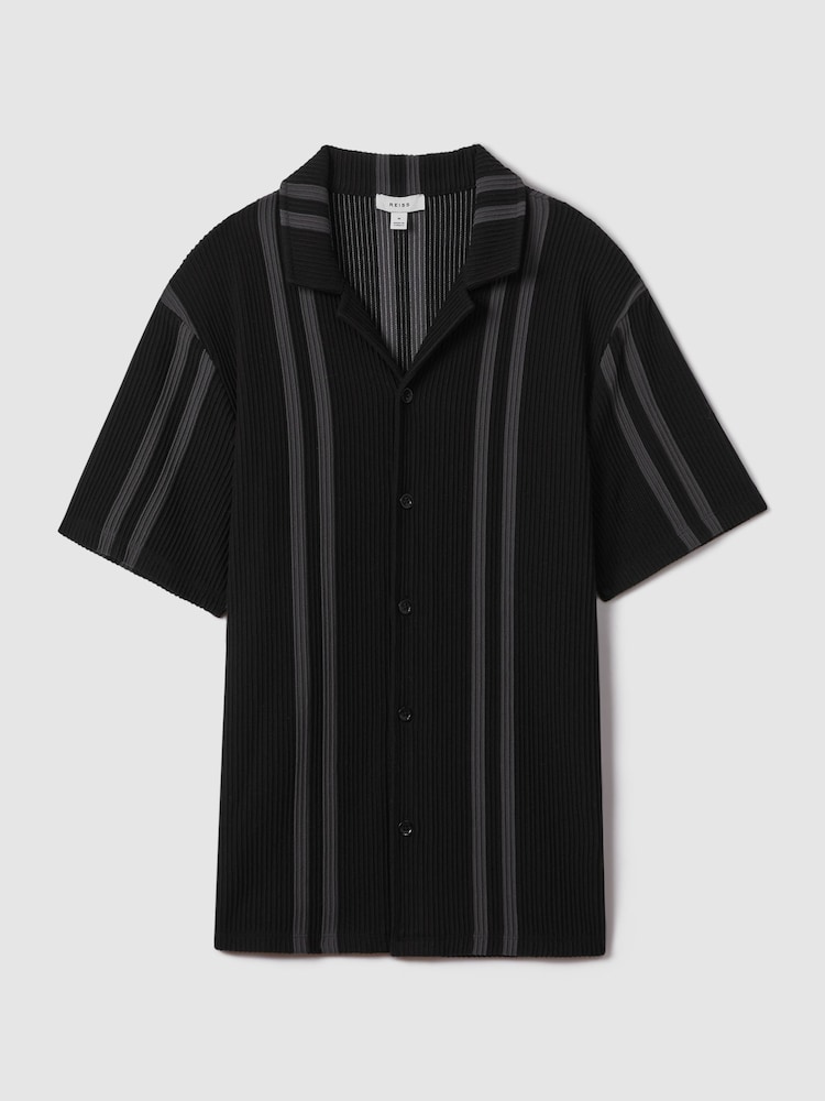 Reiss Black/Steel Grey Castle Ribbed Striped Cuban Collar Shirt - Image 2 of 6