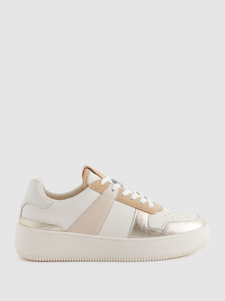 Reiss White/Gold Aira Mid Top Leather Trainers - Image 1 of 5