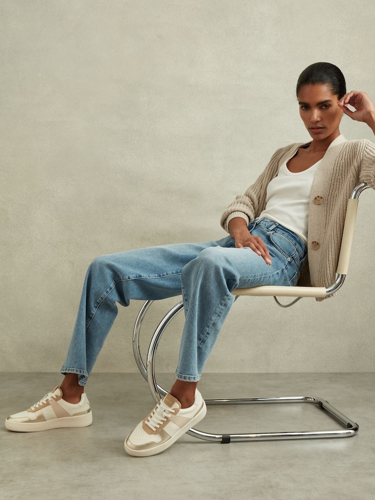 Reiss White/Gold Aira Mid Top Leather Trainers - Image 2 of 5