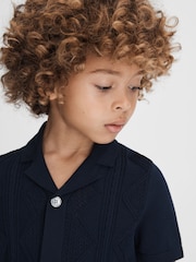 Reiss Navy Fortune 3-9 yrs Cable Knit Cuban Collar Shirt - Image 4 of 6