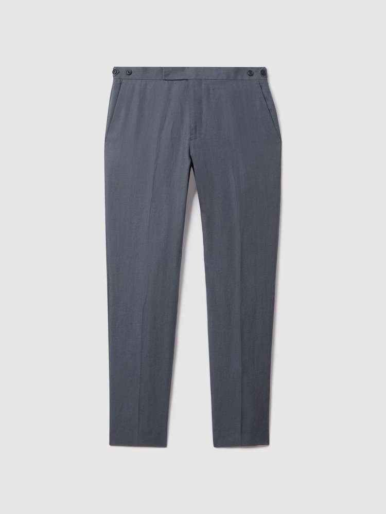 Reiss Airforce Blue Kin Slim Fit 100% Linen Adjuster Trousers - Image 2 of 6