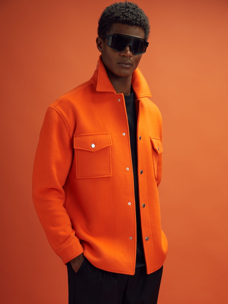 Reiss x McLaren F1 Team Papaya McLaren F1 Wool Blend Twin Pocket Overshirt - Image 1 of 7 Reiss x McLaren F1 Team Papaya McLaren F1 Wool Blend Twin Pocket Overshirt - Image 1 of 7
