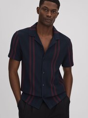 Reiss Navy/Bordeaux Castle Ribbed Striped Cuban Collar Shirt - Image 1 of 6
