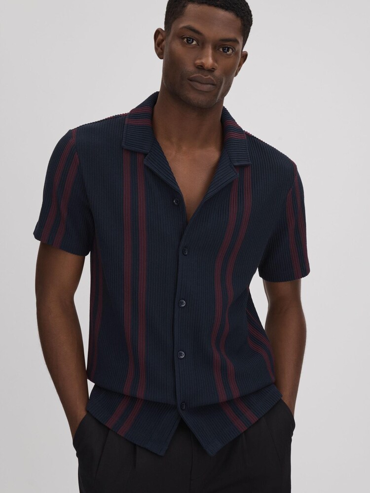 Reiss Navy/Bordeaux Castle Ribbed Striped Cuban Collar Shirt - Image 1 of 6
